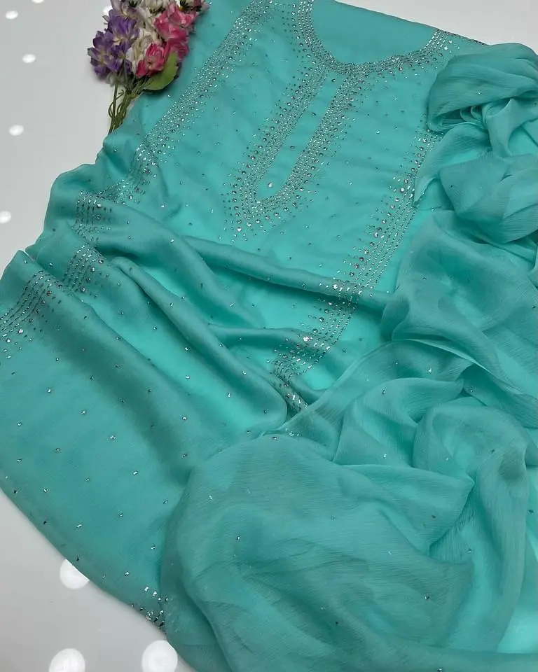 Stuff SOFT Bamber Chiffon  2pc Dress   Shirt Mukesh Kamdani Gala Front Work.   Sleeves Mukesh Kamdani Work.   Bamber Chiffon Mukesh Kamdani Work Dupata