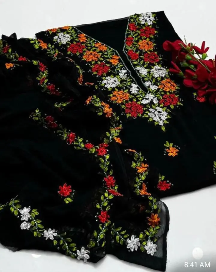 Soft krinkal chiffon Ribbon Handmade work.   Shirt Galla booti  Dupatta 4 sider Boder work.  Sleeves: Ribbon work  2 piece suit