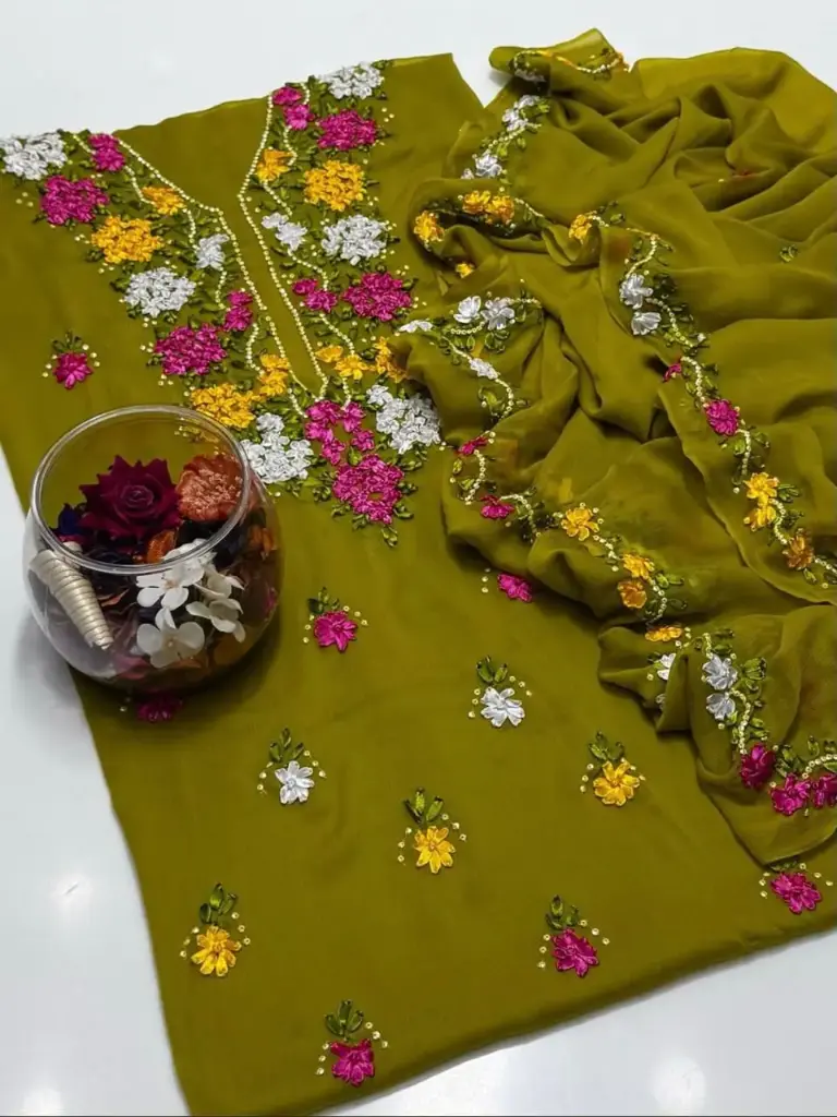 Soft krinkal chiffon Ribbon Handmade work.   Shirt Galla booti  Dupatta 4 sider Boder work.  Sleeves: Ribbon work  2 piece suit