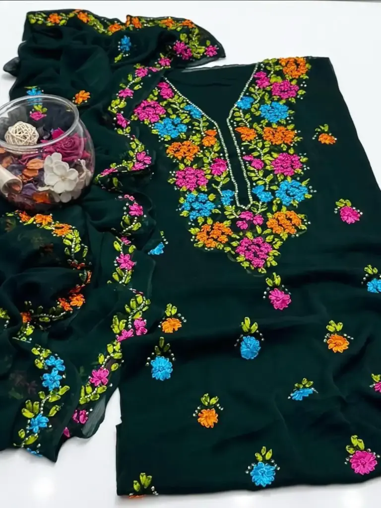 Soft krinkal chiffon Ribbon Handmade work.   Shirt Galla booti  Dupatta 4 sider Boder work.  Sleeves: Ribbon work  2 piece suit