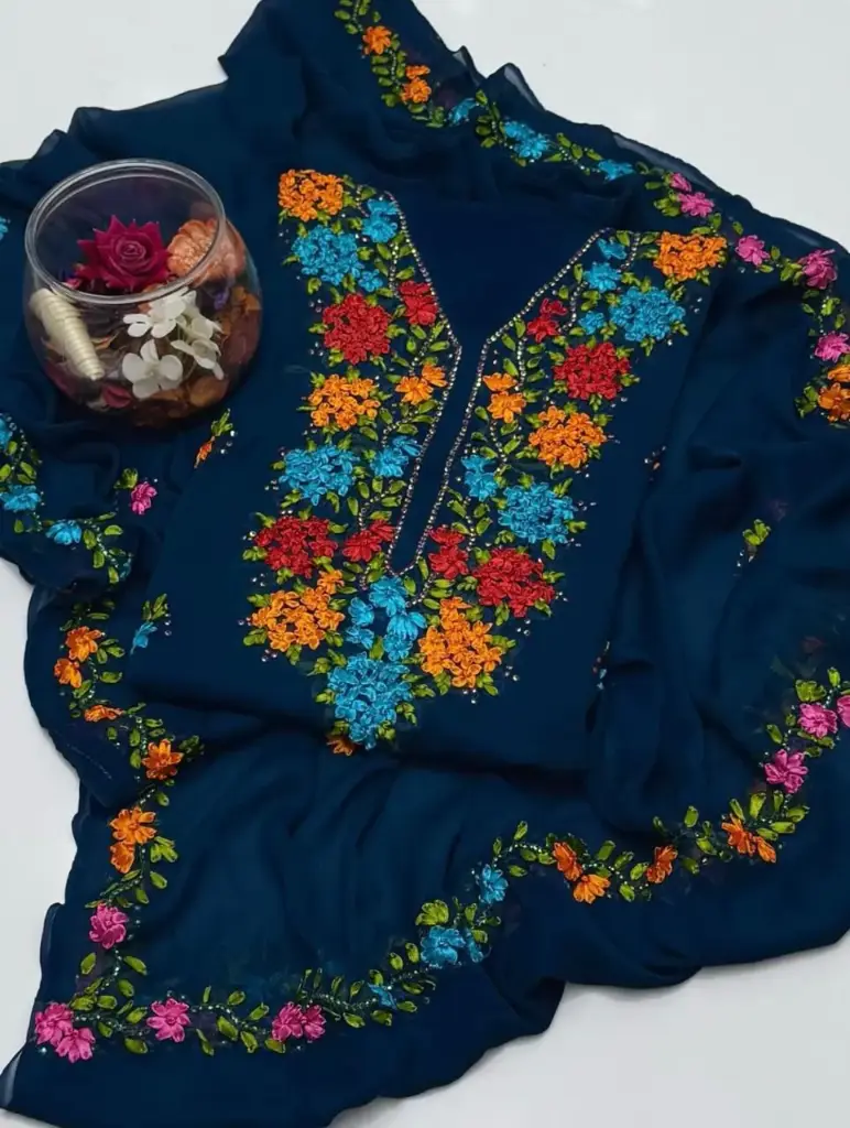 Soft krinkal chiffon Ribbon Handmade work.   Shirt Galla booti  Dupatta 4 sider Boder work.  Sleeves: Ribbon work  2 piece suit