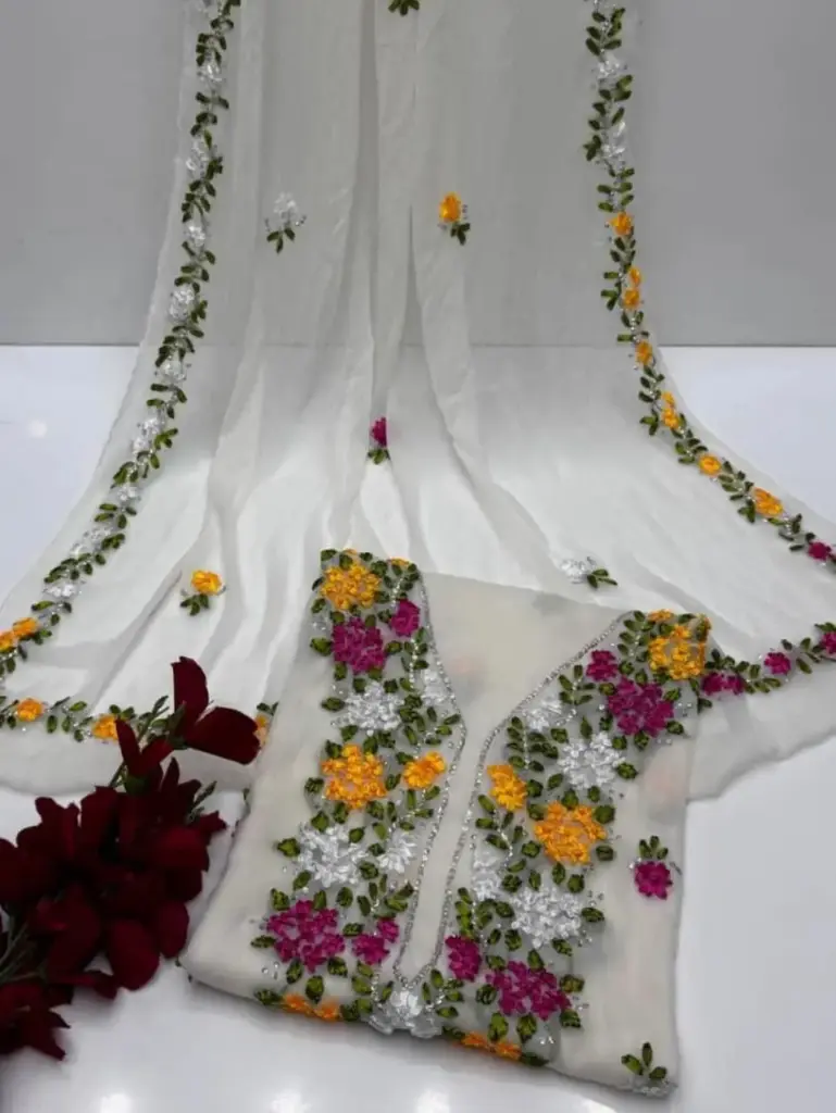 Soft krinkal chiffon Ribbon Handmade work.   Shirt Galla booti  Dupatta 4 sider Boder work.  Sleeves: Ribbon work  2 piece suit