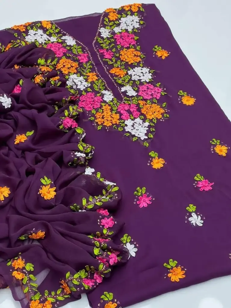 Soft krinkal chiffon Ribbon Handmade work.   Shirt Galla booti  Dupatta 4 sider Boder work.  Sleeves: Ribbon work  2 piece suit