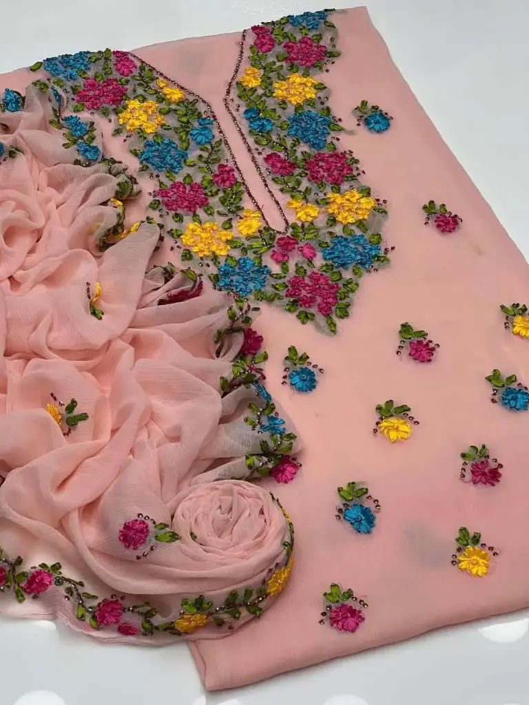 Soft krinkal chiffon Ribbon Handmade work.   Shirt Galla booti  Dupatta 4 sider Boder work.  Sleeves: Ribbon work  2 piece suit