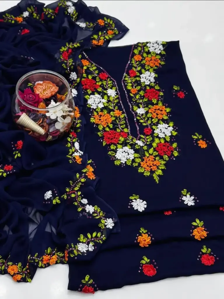 Soft krinkal chiffon Ribbon Handmade work.   Shirt Galla booti  Dupatta 4 sider Boder work.  Sleeves: Ribbon work  2 piece suit