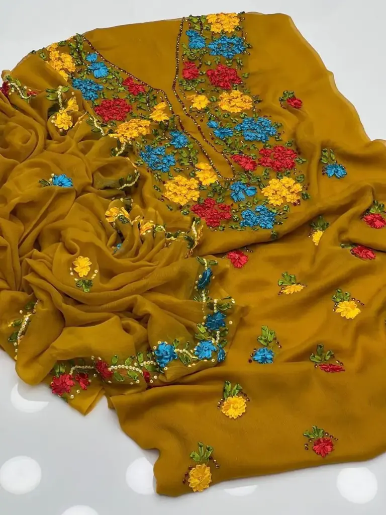 Soft krinkal chiffon Ribbon Handmade work.   Shirt Galla booti  Dupatta 4 sider Boder work.  Sleeves: Ribbon work  2 piece suit