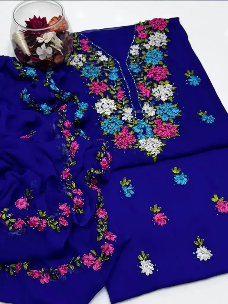 Soft krinkal chiffon Ribbon Handmade work.   Shirt Galla booti  Dupatta 4 sider Boder work.  Sleeves: Ribbon work  2 piece suit