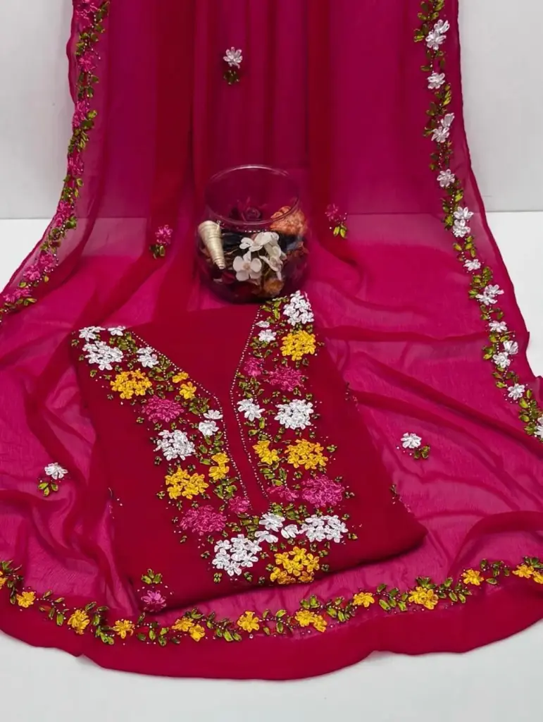 Soft krinkal chiffon Ribbon Handmade work.   Shirt Galla booti  Dupatta 4 sider Boder work.  Sleeves: Ribbon work  2 piece suit