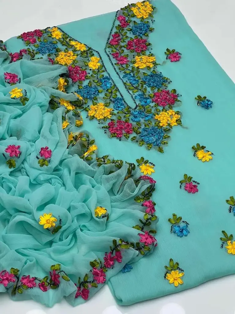 Soft krinkal chiffon Ribbon Handmade work.   Shirt Galla booti  Dupatta 4 sider Boder work.  Sleeves: Ribbon work  2 piece suit