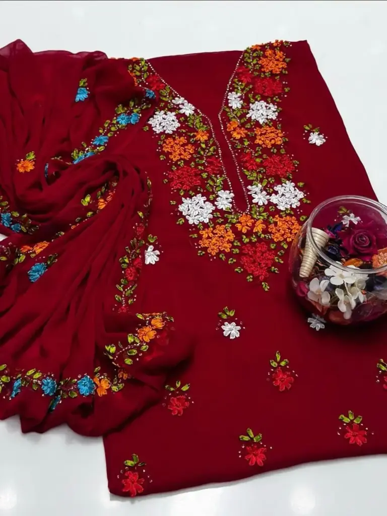 Soft krinkal chiffon Ribbon Handmade work.   Shirt Galla booti  Dupatta 4 sider Boder work.  Sleeves: Ribbon work  2 piece suit